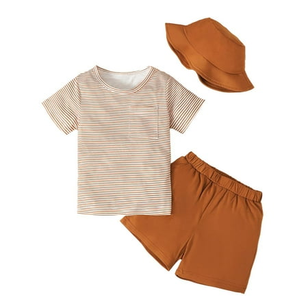 

Kucnuzki 4T Toddler Boy Summer Outfits Shorts Sets 5T Short Sleeve Pinstripe Prints T-Shirt Tops Elastic WalkShorts Hat 2PCS Set Brown
