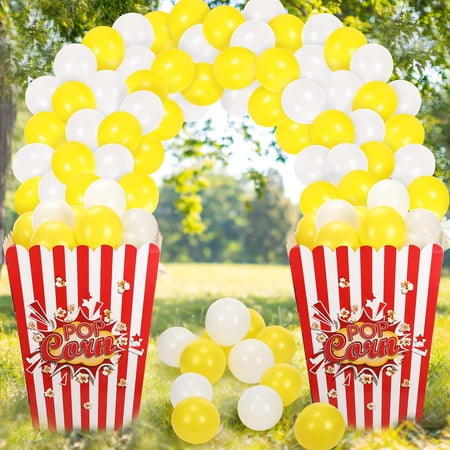 2 Pack Giant Popcorn Box Prop Cardboard Stand up with Balloons Movie 3D Popcorn Bucket Decoration Large Carnival Circus Decorations Arch Kit for Movie Night Themed Birthday Party (Red)