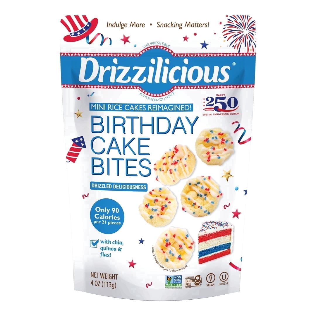 Drizzilicious Mini Rice Cakes, Birthday Cake America’s 250th Anniversary Edition, Gluten Free Rice Crisps Snacks, 4-Pack