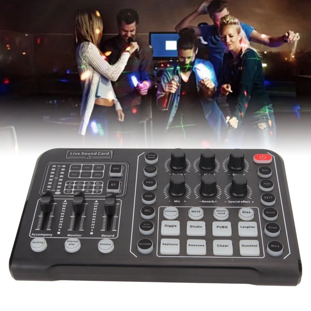 Tarjeta de sonido en vivo señal clara Soporte de diafragma grande de 48 V Tarjeta de sonido cambiador de voz Plug and Play con 15 efectos de sonido para Karaoke para PC