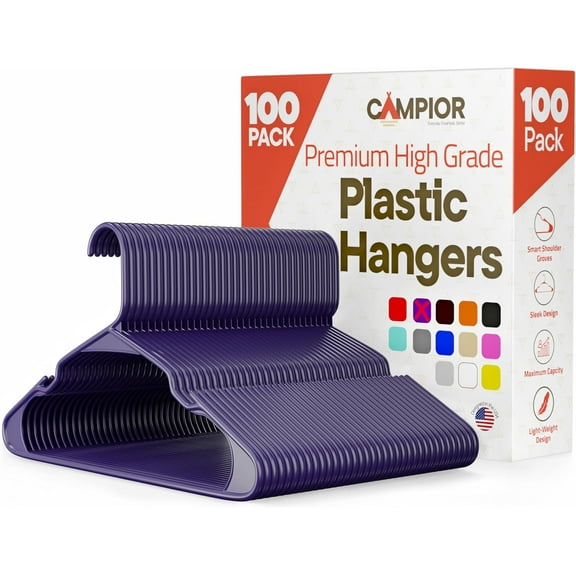 Campior Plastic Hangers 100-Pack – Heavy-Duty Slim Space-Saving Hangers with Non-Slip Shoulder Notches for Dresses, Suits, Jackets & More, Purple