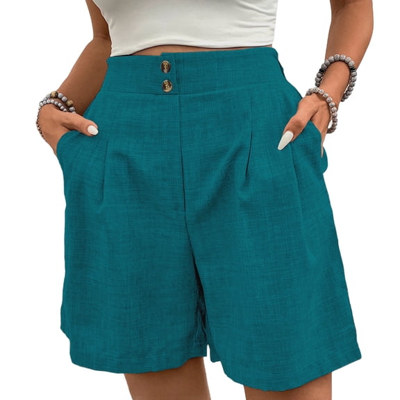 AOOCHASLIY Linen Shorts for Women Summer Casual Button Elastic High Waist Shorts Pleated Short Pants Beach Vacation Outfits
