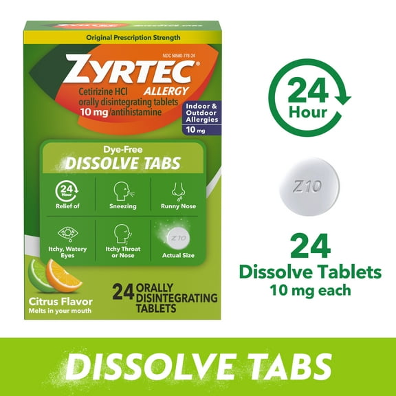 Zyrtec Allergy Dissolve Tablets, 10 mg Cetirizine HCl, Citrus, 24 Count
