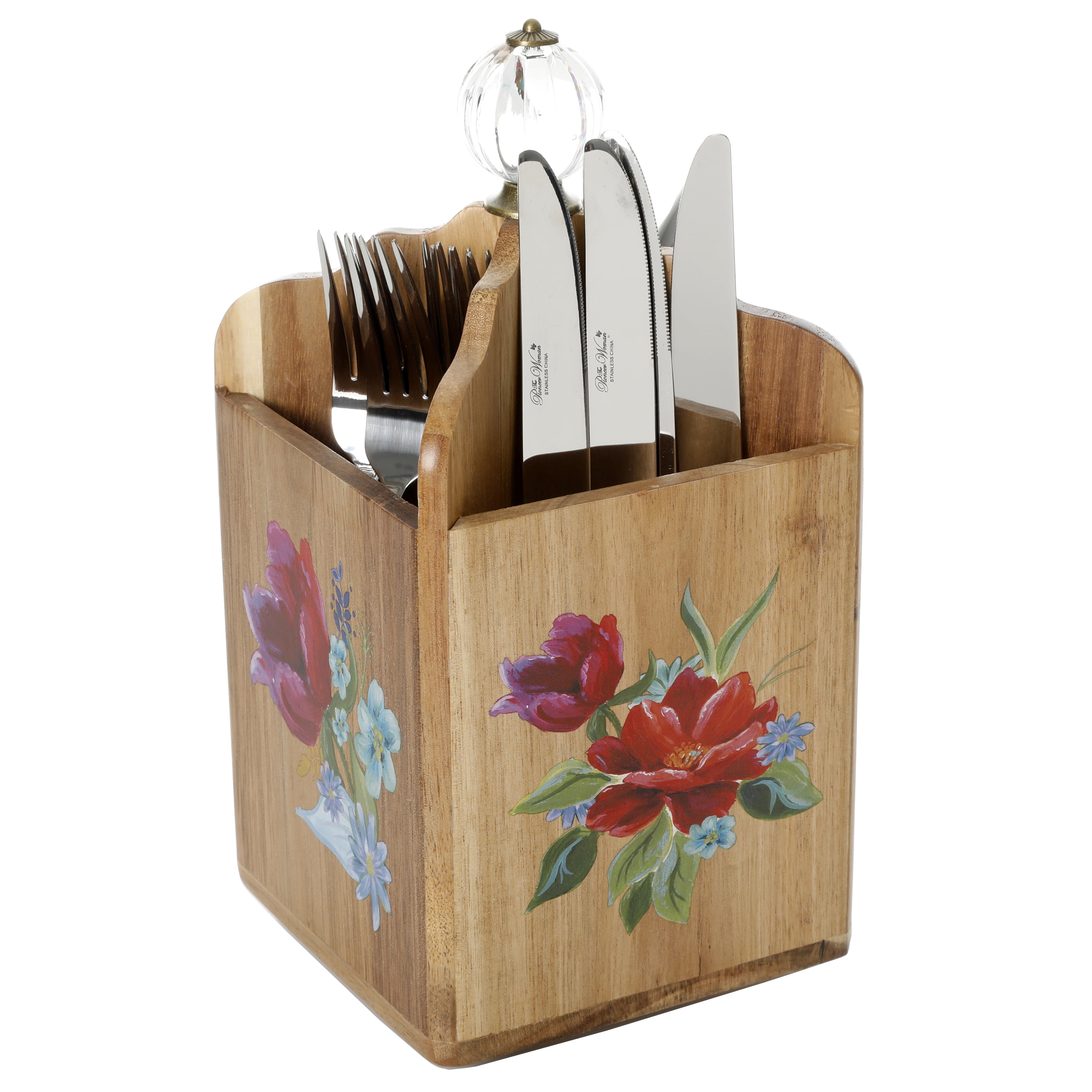 The Pioneer Woman Spring Bouquet 4Section Acacia Wood Utensil Holder