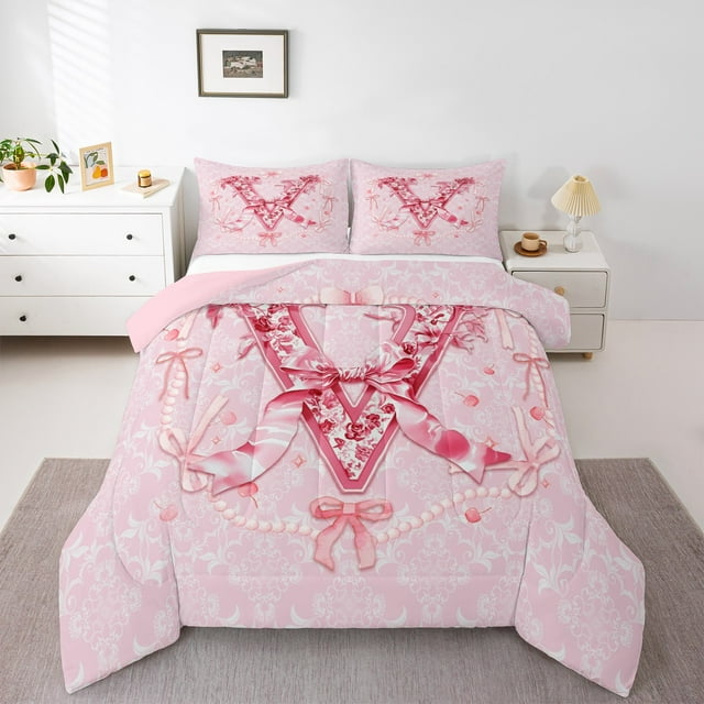 Erosebridal Letter Personalized Comforter Sets Queen Size,Bowknot Flower Bedding Queen Comforter Set,Pink Red Comforters & Duvets,Lightweight Initial Room Decoration,Reversible,3-Piece