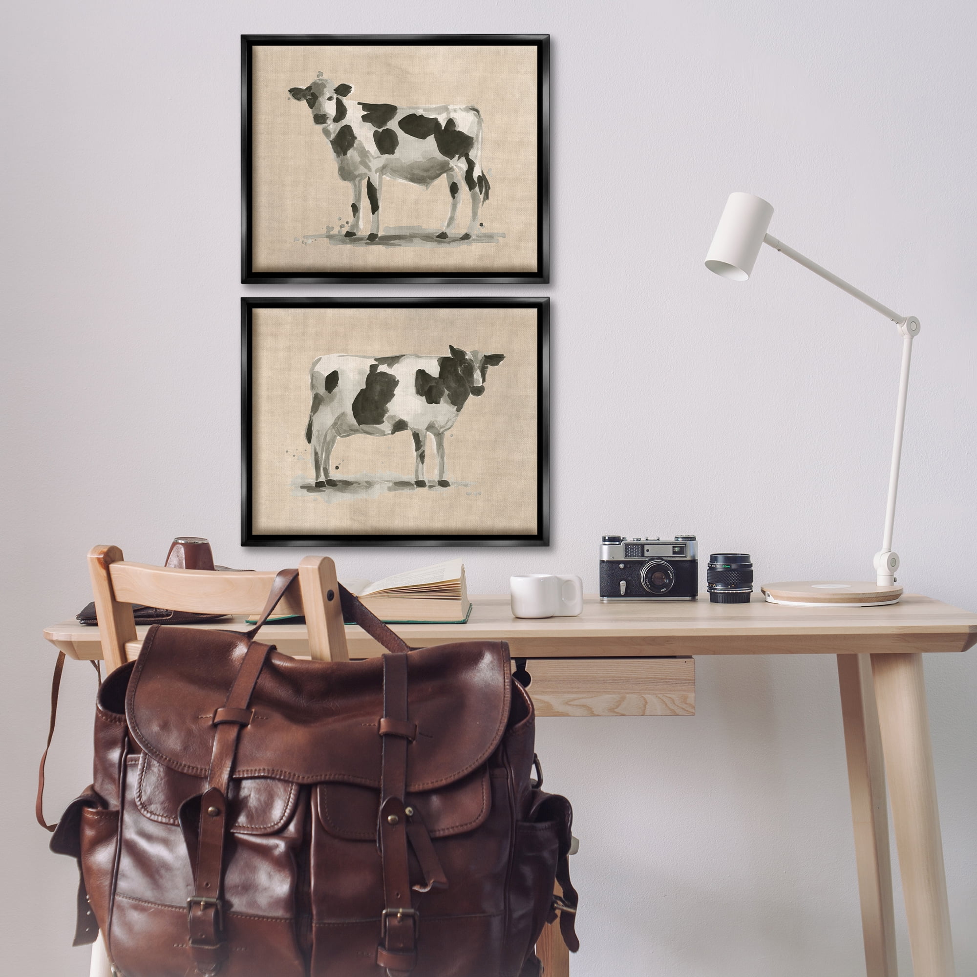 Stupell Industries Beige Holstein Cow Portrait Animals Painting Black Floater Framed Canvas Art Print Wall Art, 21 x 17, Set of 2