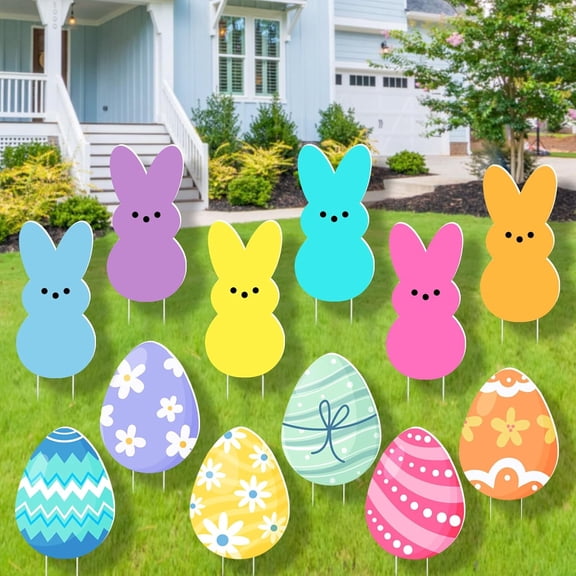 12 PCS Pastel Easter Yard Signs Decorations Outdoor - Colorful Cute Easter Bunny Egg Yard Signs with Stakes - Large Size Waterproof Spring Rabbit Decor for Egg Hunt Front Porch Lawn Holiday Supplies