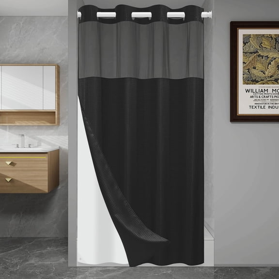 No Hook Waffle Shower Curtain with Snap in Liner Set, 71x74, Grey