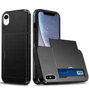 for iPhone XR Wallet Case with Sliding Door Hidden Pocket Credit Card Holder Dual Layer Heavy Duty Shockproof Hard PC Hybrid TPU Phone Flip Protective Cover for iPhone XR, Black