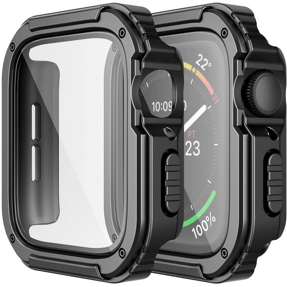 XIHAMA 2 Pack Rugged Case Compatible for Apple Watch 45mm Series SE/6/5/4 with Tempered Glass Screen Protector, Military All Around Hard TPU Protective Cover Case Shockproof Bumper for iWatch Men