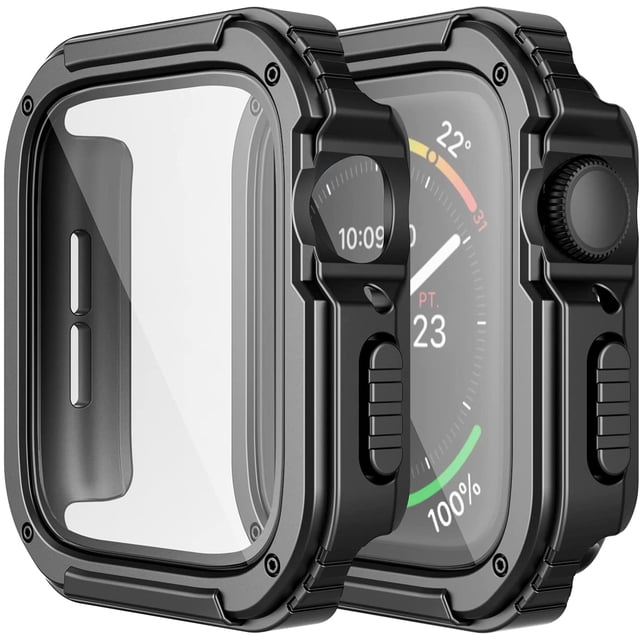 2 Pack Rugged Case Compatible for Apple Watch 44mm Series SE/6/5/4 with Tempered Glass Screen Protector, Military All Around Hard TPU Protective Cover Case Shockproof Bumper for iWatch Men 44mm