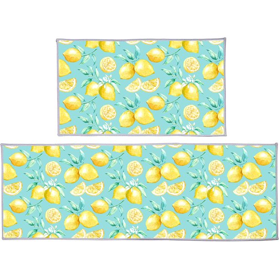 Lemon Retro 2 Piece Kitchen Mat Set, Rustic Non-Slip Anti-Fatigue Standing Mats, Turquoise Comfort Throw Rug for Kitchen Laundry Office, 17"x29"+17"x47"