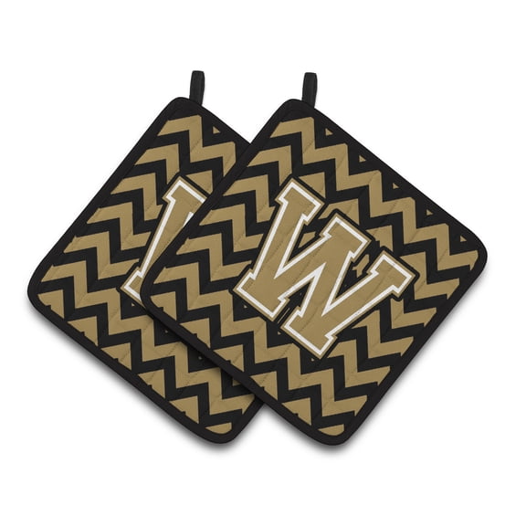 Letter W Chevron Black and Gold Pair of Pot Holders