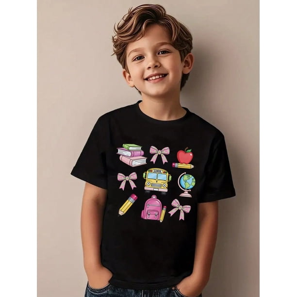 Girls & Boys School Theme Cotton Graphic Tees, Back To School Clothes Girls, Black Graphic Summer Shirts With School Supplies, Gift For First Day Of School, Round Neck Short Sleeve T-Shirt