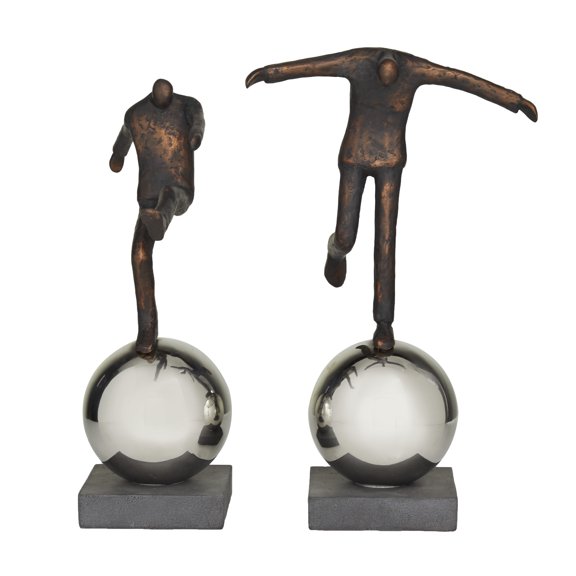 17", 16"H Bronze Polystone People Sculpture with Silver Ball Stands, by DecMode (2 Count)