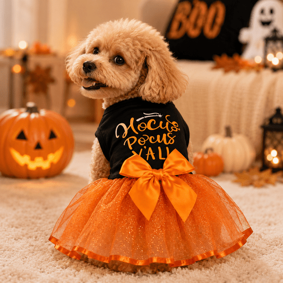 Funny Halloween Dog Dress Costume, Pumpkin Witch Bat Outfit with Bow for Puppy Party, Trick-or-Treat and Pet Photo Props
