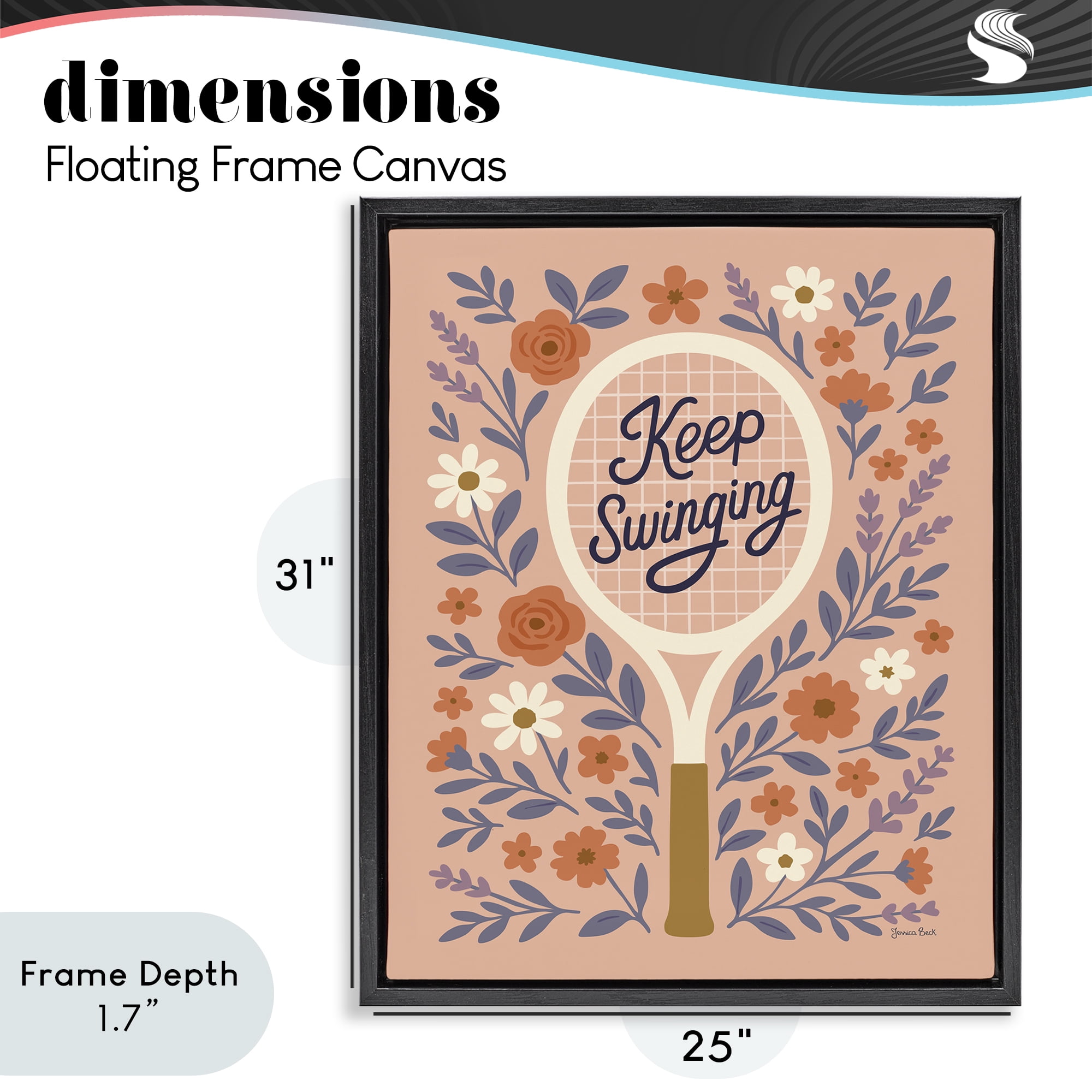 Stupell Industries Keep Swinging Floral Tennis Black Framed Floater Canvas Wall Art, design by Jessica Beck
