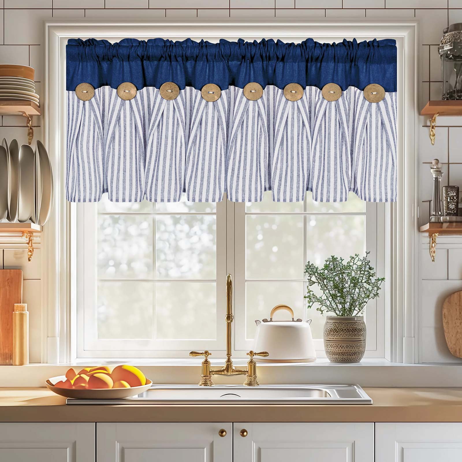 Alishomtll Modern Blue Stripes Bohemian Rod Pocket Light Filtering Kitchen Valances, 52" x 18"
