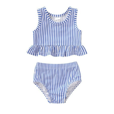 

Younger Tree Toddler Baby Girls Summer Swimsuit Sleeveless Striped Swimwear Two-Piece Suit Beach Bikini for 2T-3T