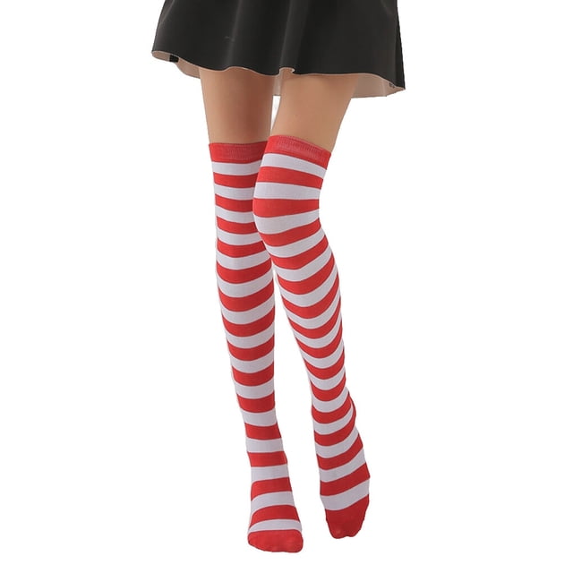 Lot de 2 Bas Cuisses Rayés Grande Taille Respirabilité Unique Flexibles Apparence Tendance Antidérapants Bas Chaussettes Bottes Bas Rouges Blancs Rayés
