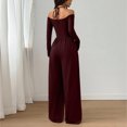 thumbnail image 3 of Morttic Women's Off Shoulder Halter Tie V-Neck Long Sleeve Jumpsuit – Ruched High Waist Wide Leg Casual One Piece Wine Red，L, 3 of 4