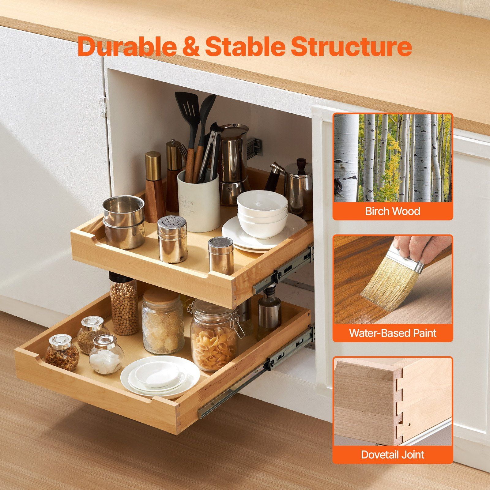 2 Tier Pull Out Cabinet Organizer with Soft Close Slides, Solid Birch Wood Drawer 20"W x 21"D, Adjustable Height Kitchen Storage Drawer for Base Cabinets, Under Sink & Pantry Organization