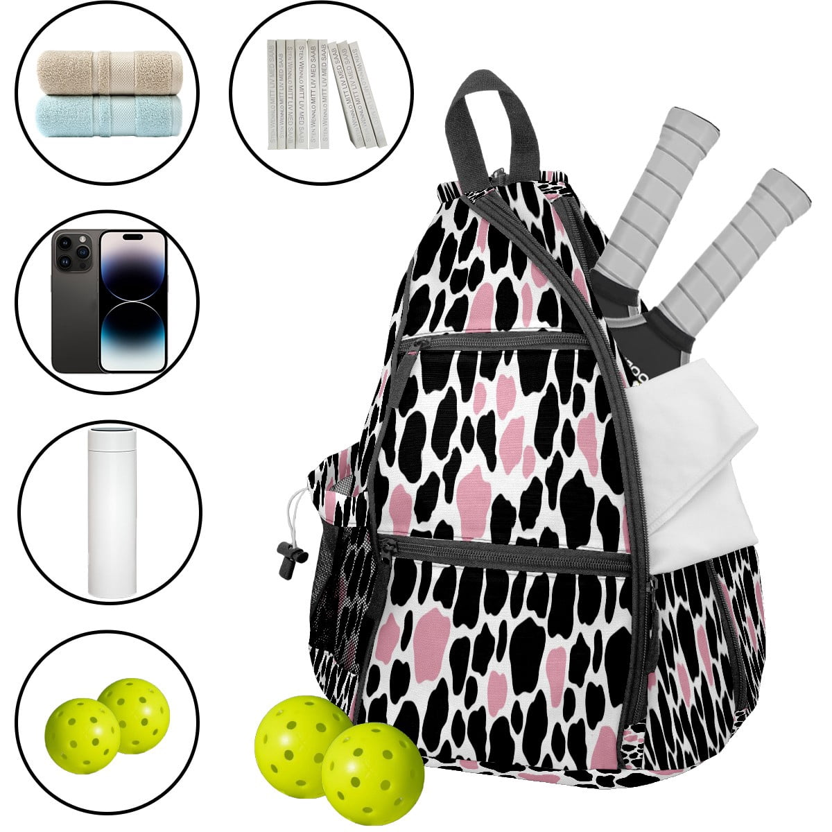 Pickleball Bags for Men Women Pickleball Backpack with Large Capacity Lightweight Adjustable Pickleball Sling Bag Hold Paddles, Balls, Accessories Cow Print Pink Black