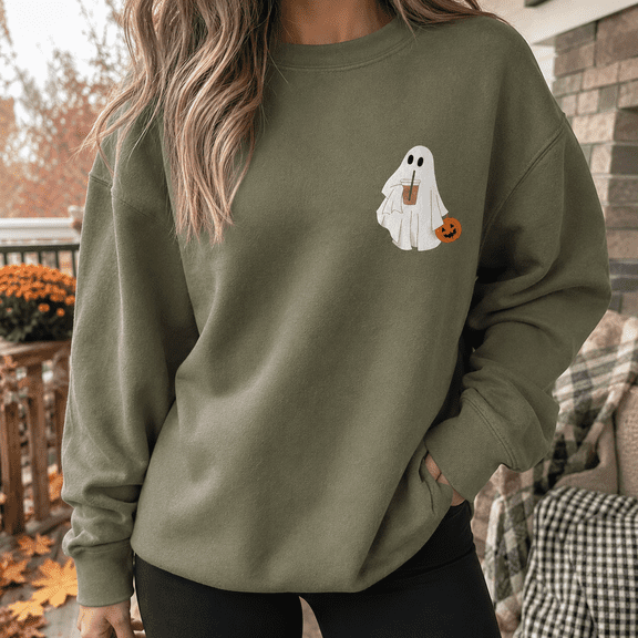 Halloween Shirt, Pocket Ghost Drinking Iced Coffee Sweatshirt, Cute Pumpkin Hoodie, Minimalist Spooky T-Shirt, Fall Gift for Women