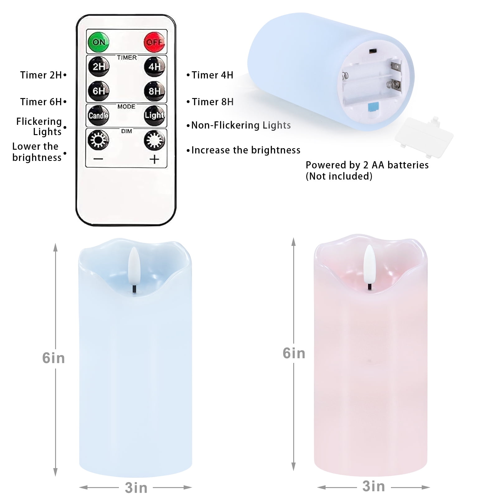 Flameless Candles Light, Set of 2 6"x3" Flickering Pastel Spring LED Candles with Remote & Timer, Dimmable Real Wax Easter Pillar Candles Battery Operated for Home Spring Easter Decor