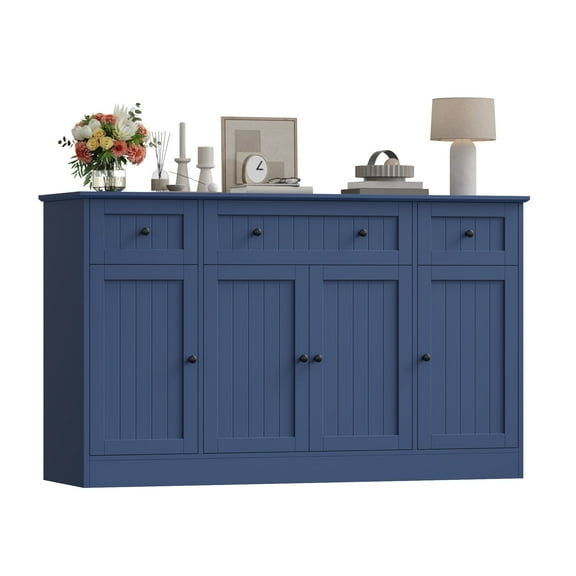 Homfa 55"W Sideboard Credenza with Adjustable Shelves, 4-Doors 3-Drawers Farmhouse Storage Buffet Cabinet, Wood Coffee Bar Cabinet for Kitchen Dining Living Room, Blue