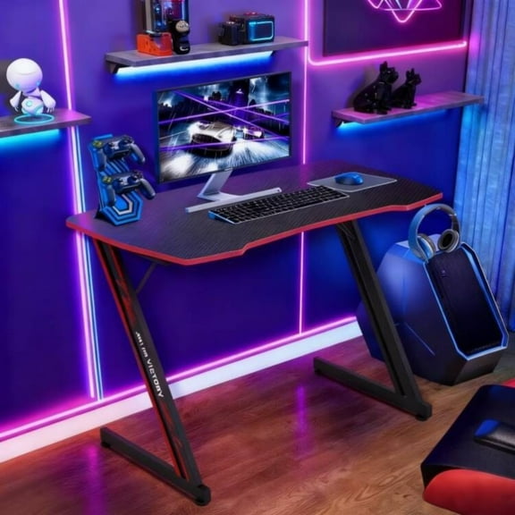 NiamVelo Gaming Desk 39.4 inch Z-Shaped Computer Desk PC Computer Table Home Office Desk Ergonomic Gamer Workstation with Headphone Hook, Red