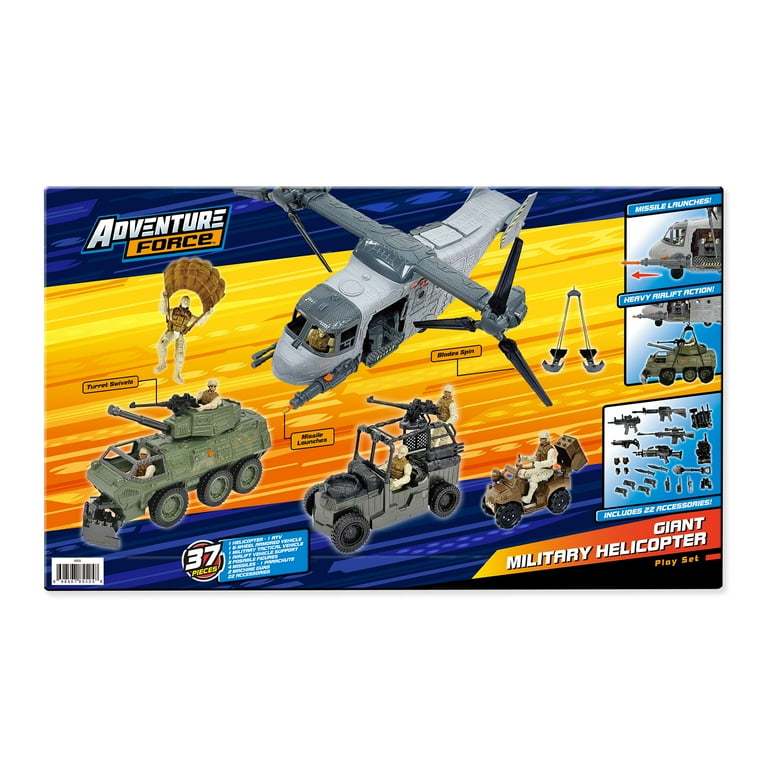 ミリタリー ジープ 地対空ミサイル砲車 ヘリコプター 自動走行砲 セット Adventure Force Giant Military Helicopter Play Set, 37 Pieces