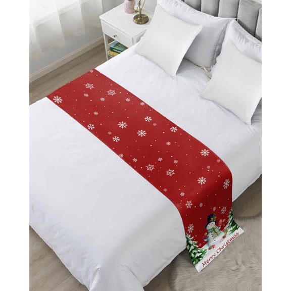 Bed Runner Scarf for Cal.King Size Bed, Red Snowman Christmas Beds Scarf Throws for Foot of Bedding, Xmas Tree Snowflake Rustic Winter Decorative Beds Runners for Bedroom Guestroom, 102"x20"