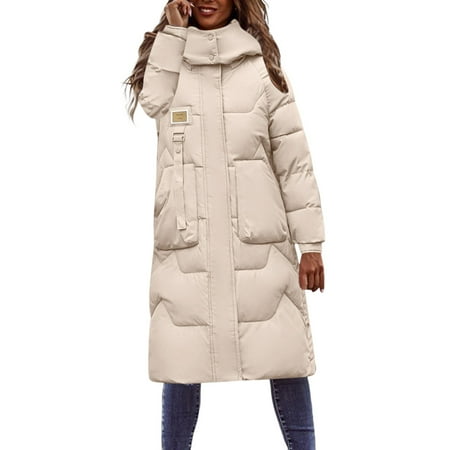 ZHOUCHANKIDS Womens Long Puffer Jacket for Women Hooded Quilted Jacket Padded Warm Winter Thick Coat with Pockets Beige M
