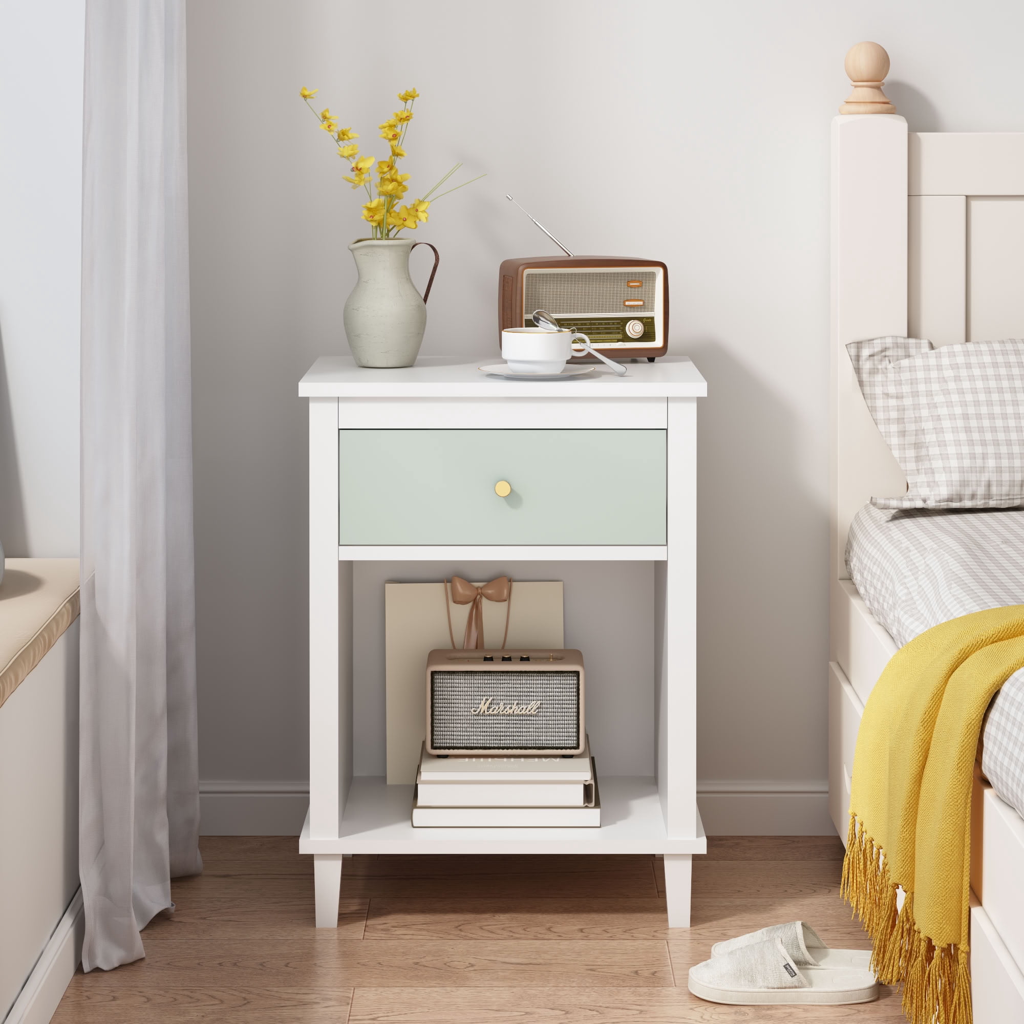 MAYEERTY 26.77" H Nightstand with Drawer & Open Shelf, Wooden Bedside End Side Table, for Kids Adults Bedroom Living Room Small Apartment Dorm