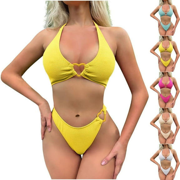 UTSJKR Women's Ring Linked Halter Push Up Bikini Swimsuit High Stretch Bathing Suit Swimwear Set Swimming Suit Two Piece Bikini Sets Beige L