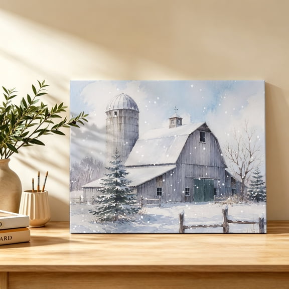 Christmas Farmhouse Canvas Wall Art, Winter Pastoral Barn Pine Tree Snowflake Wall Art Prints Artwork Framed Canvas Ready to Hang Art Pictures for Bathroom Bedroom Entry Desk Corner 10" x 8"