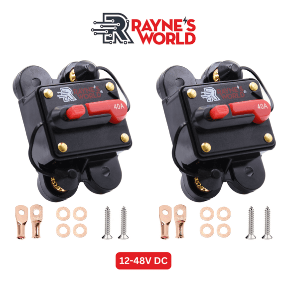 Rayne's World 40 Amp 12V-48V DC Waterproof Circuit Breaker with Connection Kit - Solar Power, Car Stereo, RV, Marine, Trolling Motor - 2 Pack