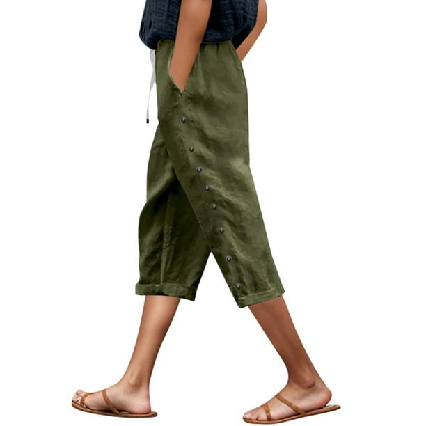 Pantalones capri ligeros de lino liso con cinturón y botones laterales para mujer - Pantalones cortos informales de cintura alta