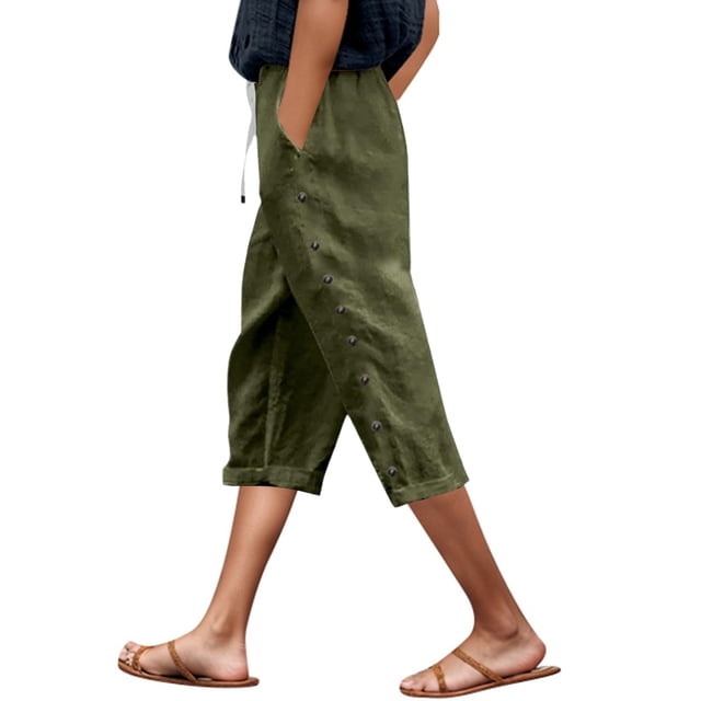 Pantalones capri ligeros de lino liso con cinturón y botones laterales para mujer - Pantalones cortos informales de cintura alta