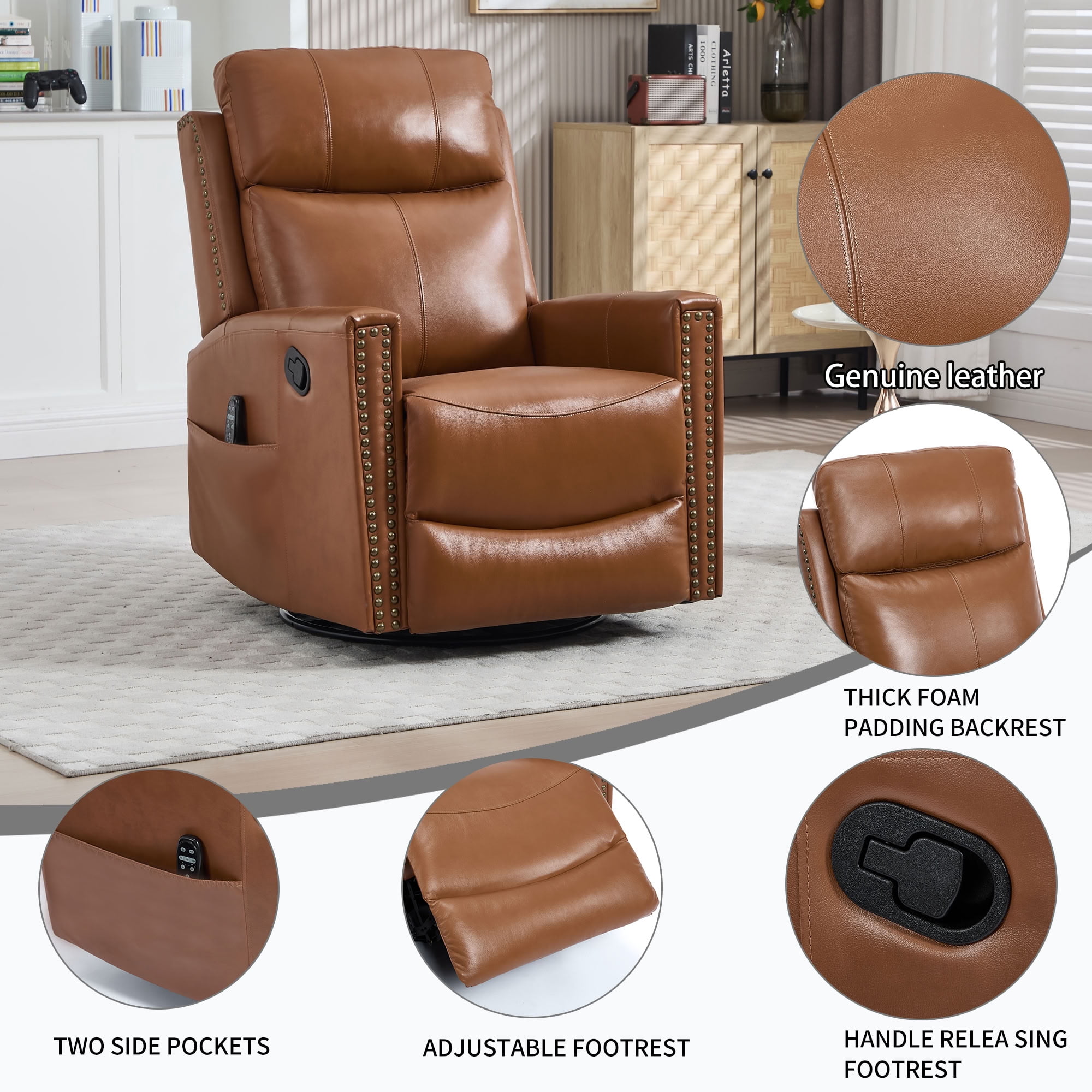MAYEERTY Genuine Leather Swivel Recliner Chair, Manual Rocker Lounge Chair with 8-Point Massage & Lumbar Heat, for Living Room Home Theater