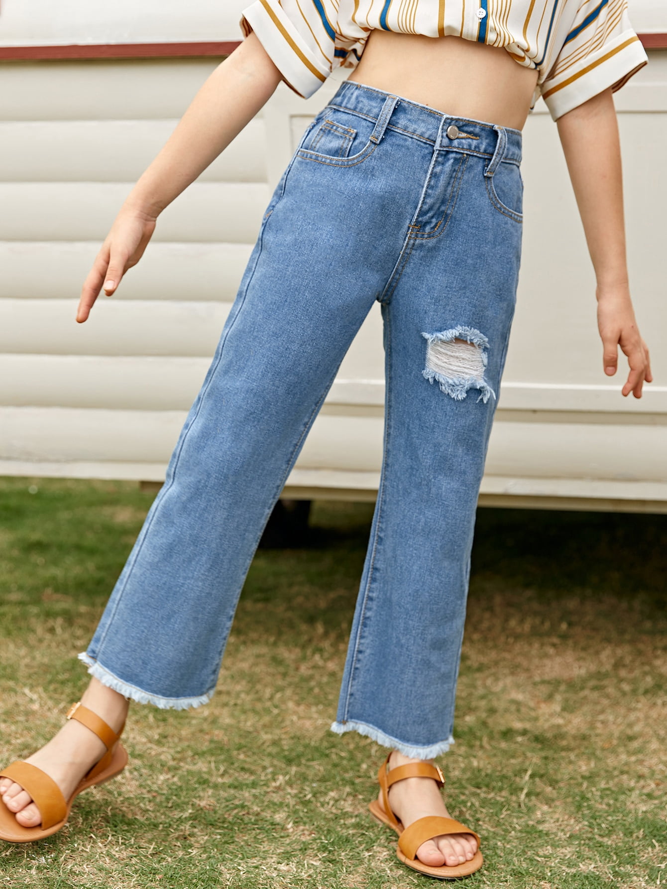 Raw Hem Wide Leg Jeans S043E 9Y 