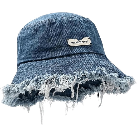 Women's Ripped Denim Bucket Hat Raw Hem Sun Hat Outdoor Cap
