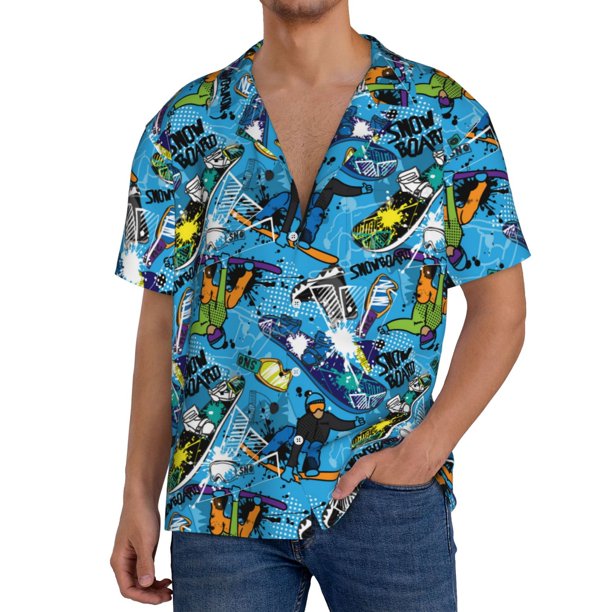 Fotbe snow board blue Camisa Estampada de Manga Corta para Hombre, Casual de Verano, Estilo Playero, Sin Arrugas-Large