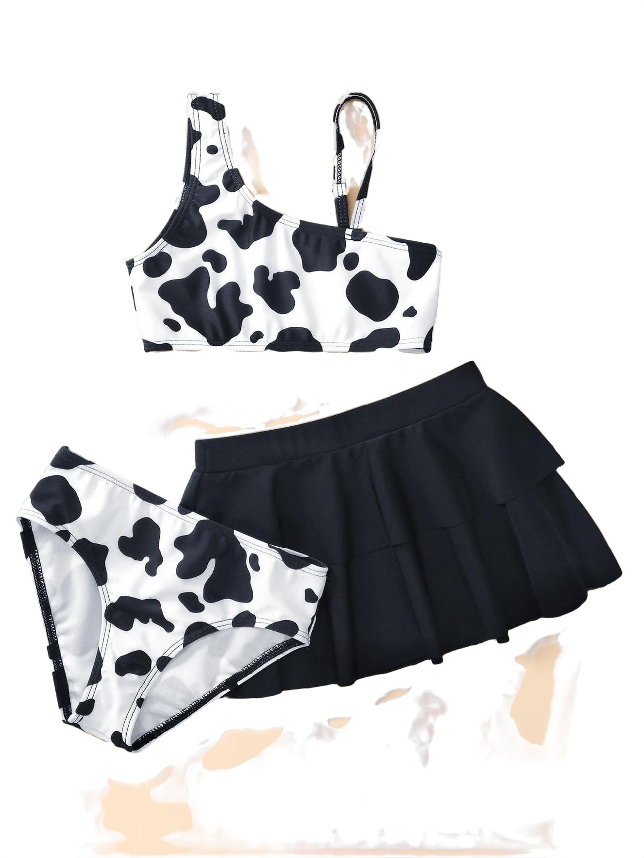 3pack Cute Cow Print Asymmetrical Neck Bikinis Black and White Toddler