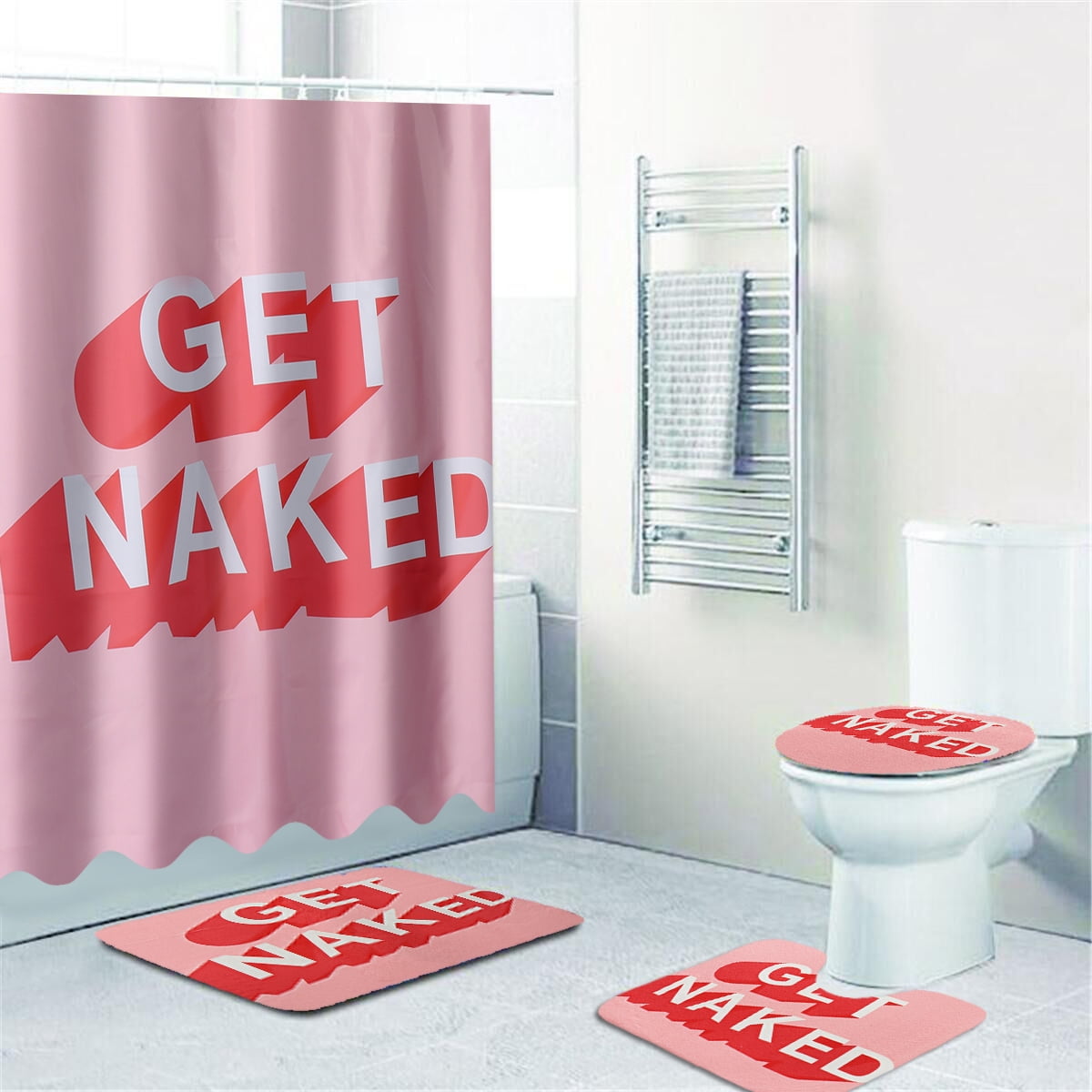 Pknoclan 4 Pcs Get Naked Shower Curtain Sets with Non-Slip Rug Toilet Lid and 
