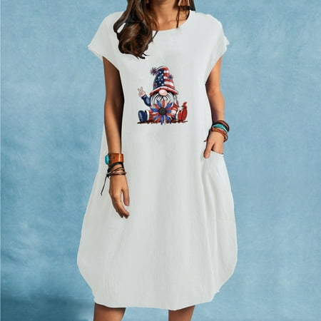 

Hvyesh Womens Summer Dresses 2023 Plus Size Elegant Midi Dress American Flag Print Round Neck Sundresses Short Sleeve Tunic Dresses White