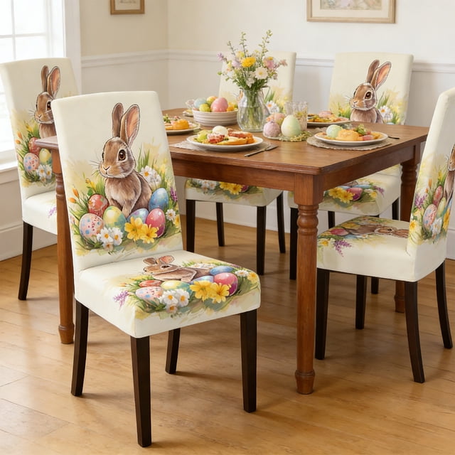 CaiYueKe Easter Bunny Chair Covers Set, Holiday Dining Decor, Festive Party Chair Slipcovers, Spring Home Table Setting, Washable Decorative Covers for Kitchen Dining Room Gatherings