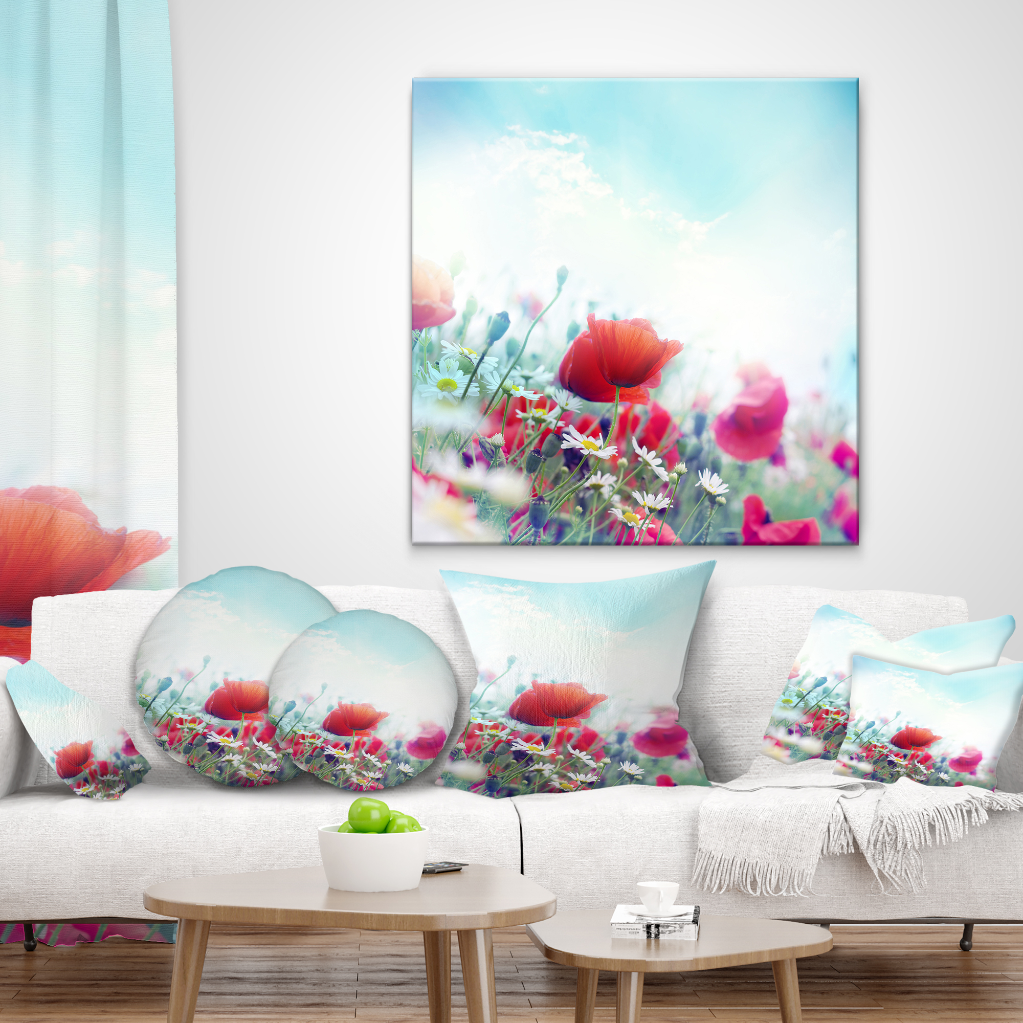 Designart Red Poppies on Blue Background - Floral Throw Pillow - 16x16