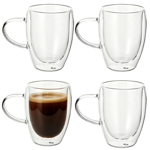 4 PCS Double Wall Glass Coffee Mugs, 12 oz Insulated Cappuccino Cup with Handle, High Borosilicate Glass Espresso Mug, Clear Latte Glassware for Tea Hot Chocolate and Cold Beverage